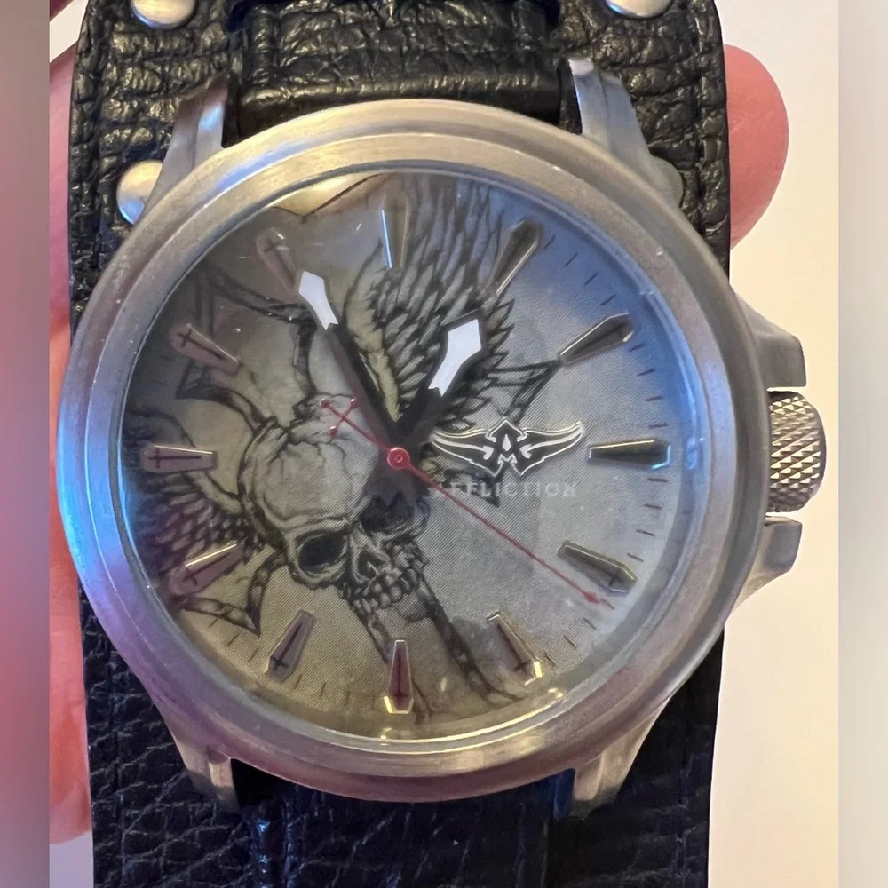 Affliction Avengers Watch Black Leather Studs Strap Winged Skull Tattoo Art Men - Picture 4 of 16